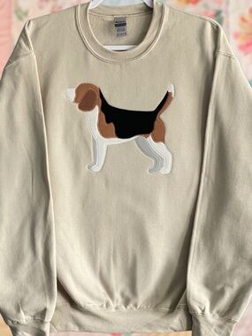 Beagle Patchwork Embroidered Medium Beige Crewneck Sweatshirt